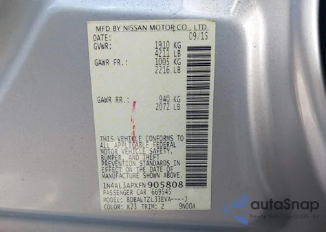 2015 Nissan Altima 2.5 Sl из США, поврежденный, VIN 1N4AL3APXFN905808